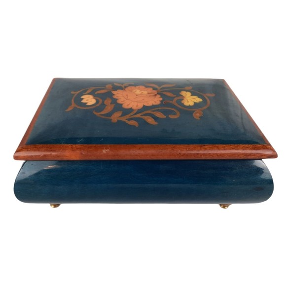 Vintage Reuge Wooden Footed Floral Inlay Music Jewelry Trinket Box Sainte Croix